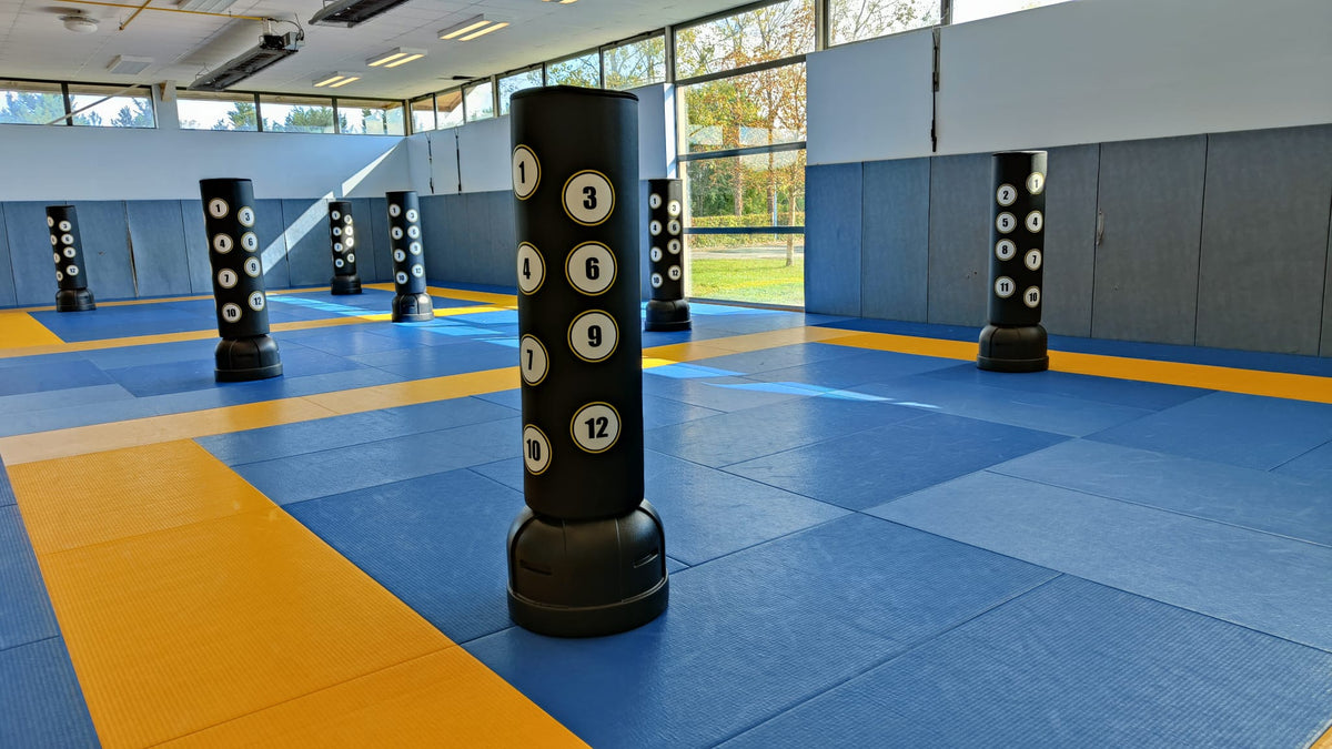 Punching bag immobile avec cibles numérotées.