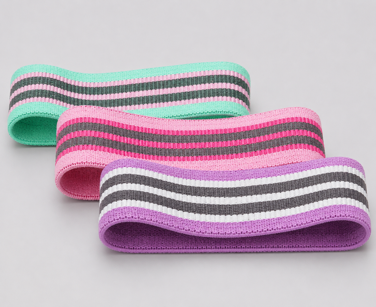 Trois bandes de résistance en tissu vert menthe, rose et violet