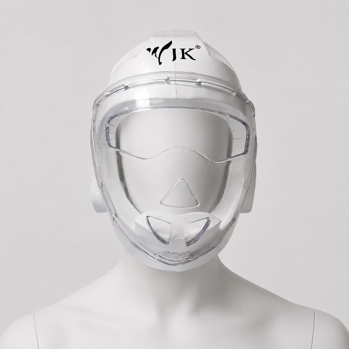 Casque de taekwondo JK avec visière porté par un mannequin blanc sans visage