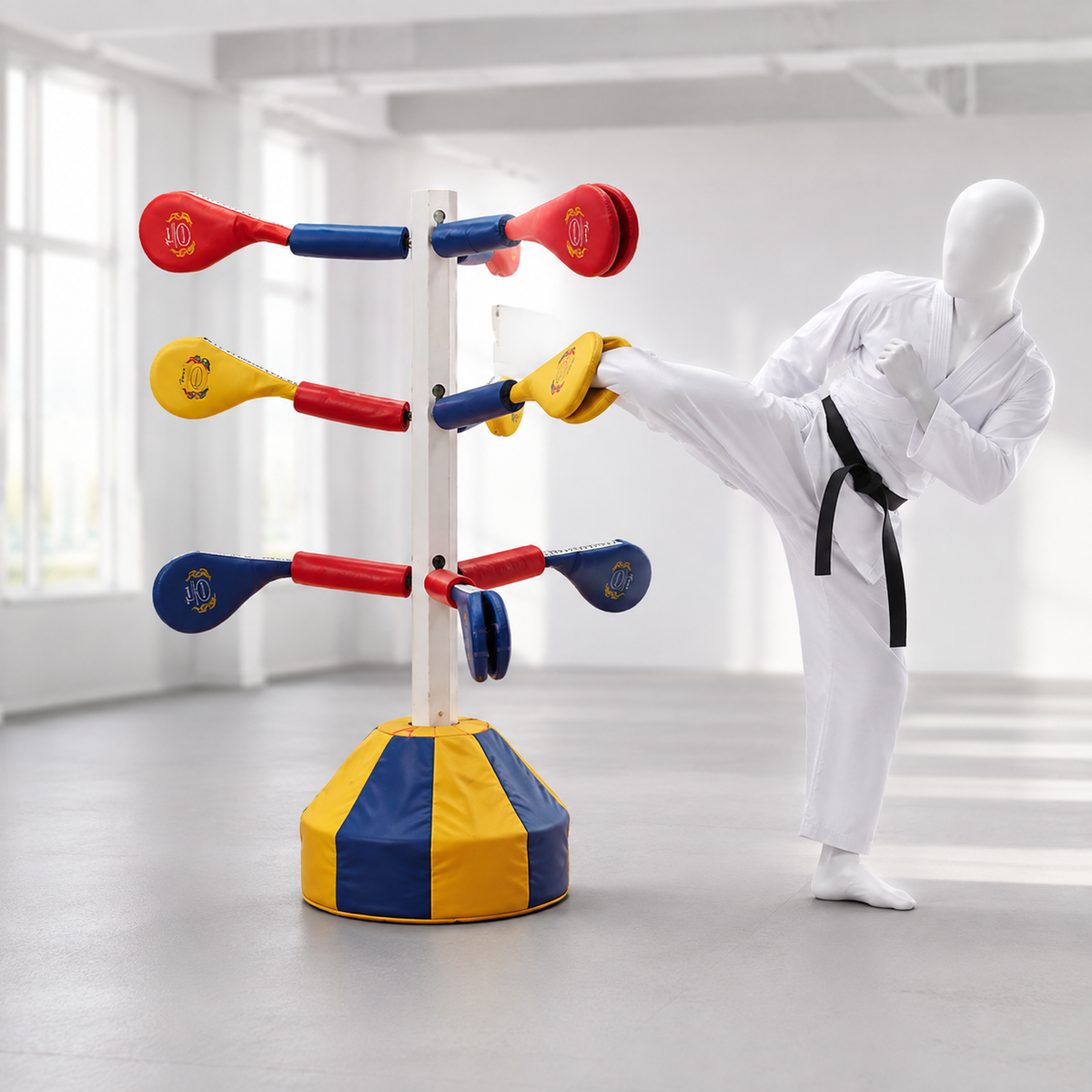 Porte raquettes double avec 9 cibles utilisé par un mannequin de taekwondo sans visage