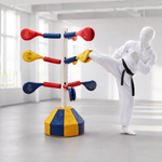 Porte raquettes double avec 9 cibles utilisé par un mannequin de taekwondo sans visage
