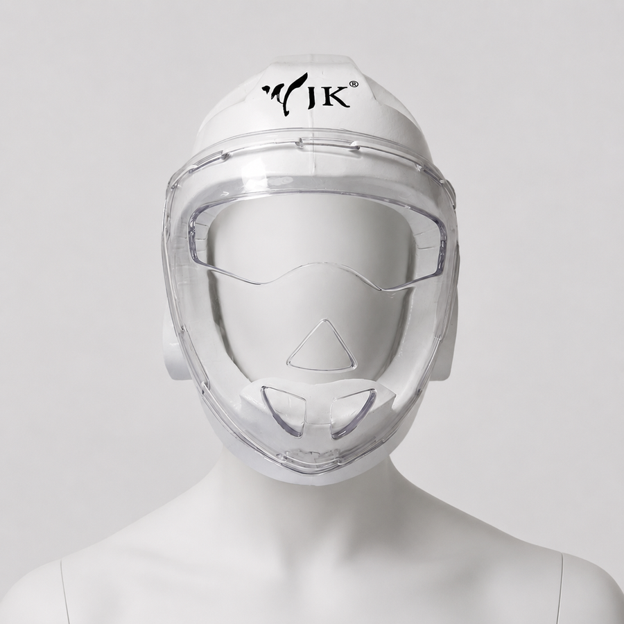 Casque de taekwondo JK avec visière porté par un mannequin blanc sans visage