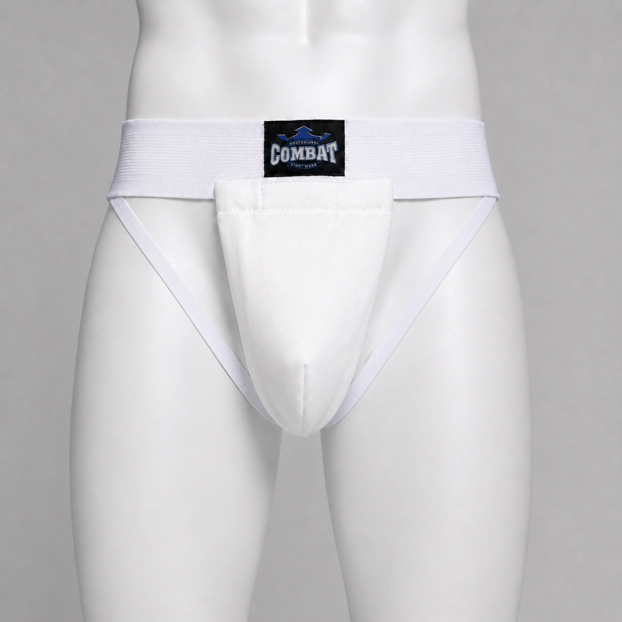 Coquille slip COMBAT portée sur mannequin, cordons du bas de la coquille vers les hanches